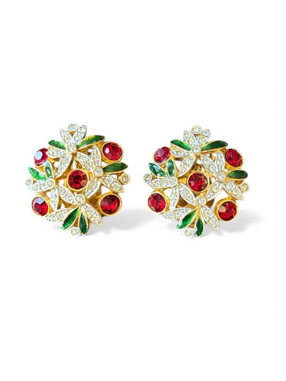 Vintage Red Clear Green Crystal and Enamel Holiday Clip On‎ Earrings Signed E680